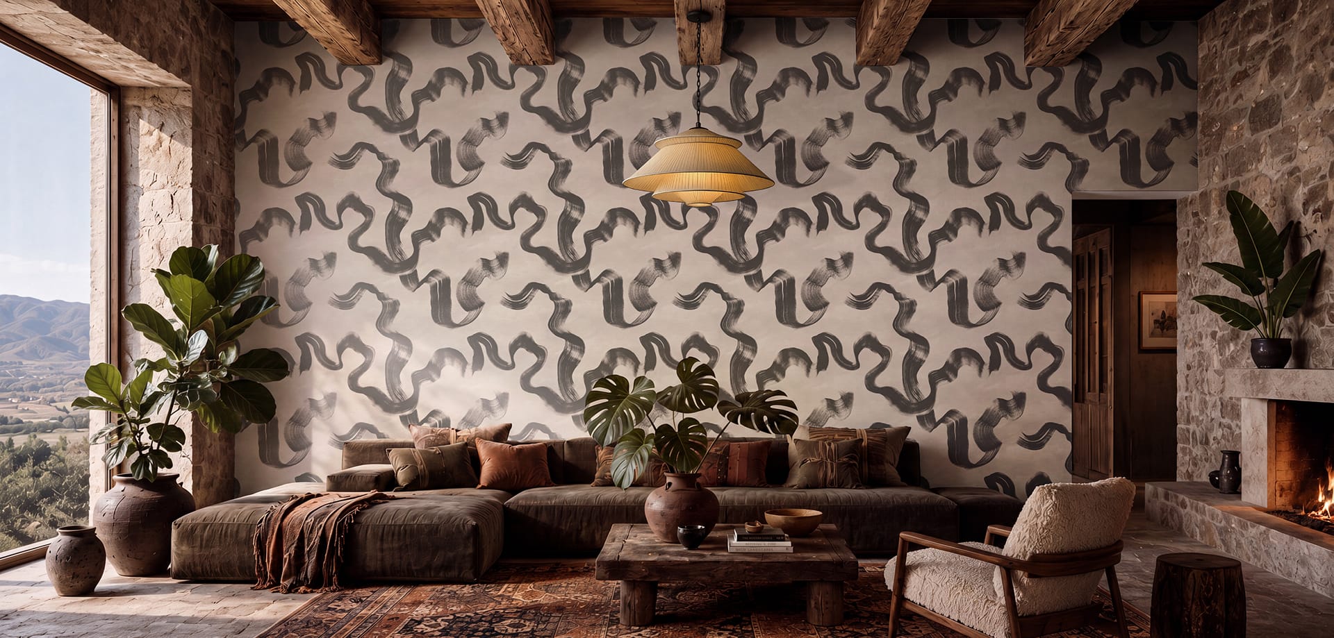 Bedroom with dark patterned wallpaper